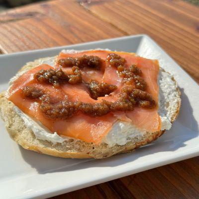 MSM Lox Bagel- freshly baked with Wild Alaskan Salmon lox, Cream Cheese, with Locally made Kelp Salsa to top it off