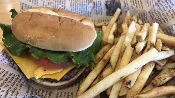 Single patty burger and fries