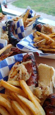 Brats with Sauerkraut and hand-cut fries