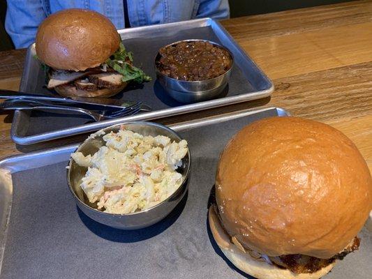 Turkey and Brisket sandwiches with sides.