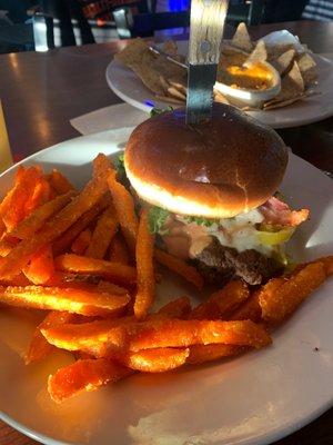 Moosey burger with sweet potato fries