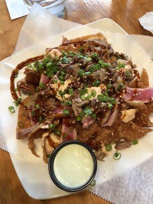 Pulled pork, fresh tuna, and the wasabi Mayo appetizer