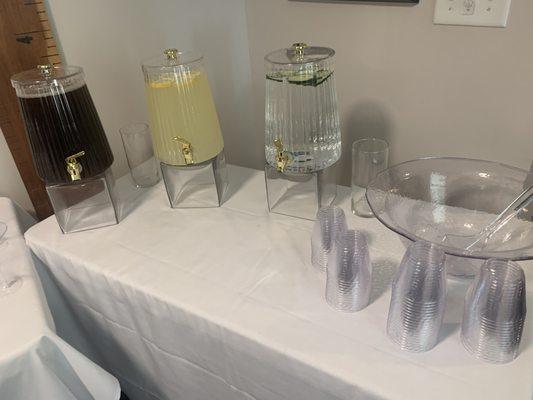 Our Hydration Station includes Infused Water, Lemonade and your choice of Sweetened  or Unsweetened Ice Tea