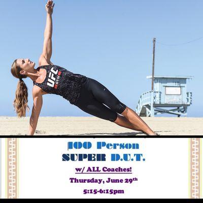 Going down this Thursday at 515p! We are holding an all-gym, 100 person Daily Ultimate Training class! Don't miss out!