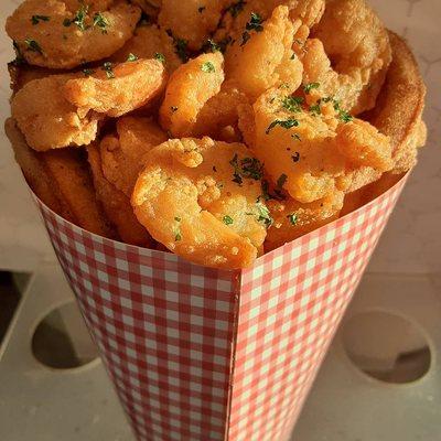 Fried shrimp in a waffle cone