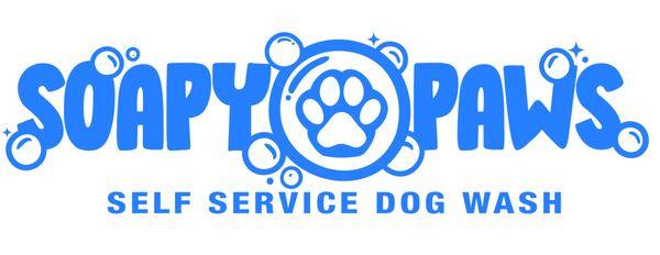 Soapy Paws logo in blue font with blue paw in the center surrounded by bubbles. Self service dog wash text on bottom