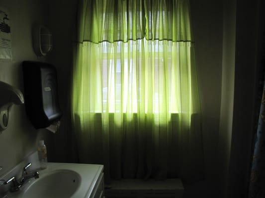 This is the girls bathroom with a SHEER DRAPE. Behind the drape you can see the next door neighbors house and window. At night w