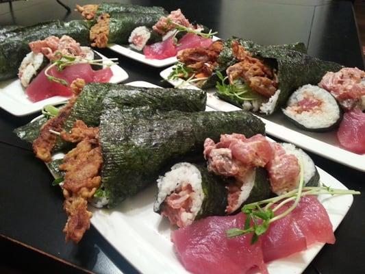 Battered Soft Shell Crab with Spicy Ahi Tuna Rolls and Sashimi on the side.