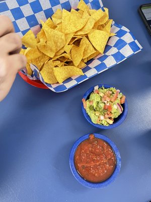 Chips and salsa and guacamole