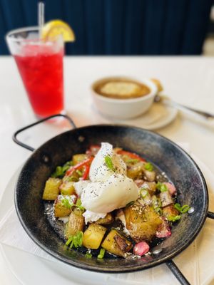 Potato Radish Hash (hibiscus Arnold Palmer and cup of French onion soup in the background)