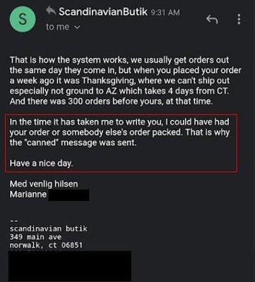 This is how Marianne talks to customers about shipping delays. Unbelievable rudeness. Also lying, we ordered 2 days before Thanksgiving.