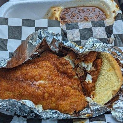 Hot lemon pepper fish with baked beans