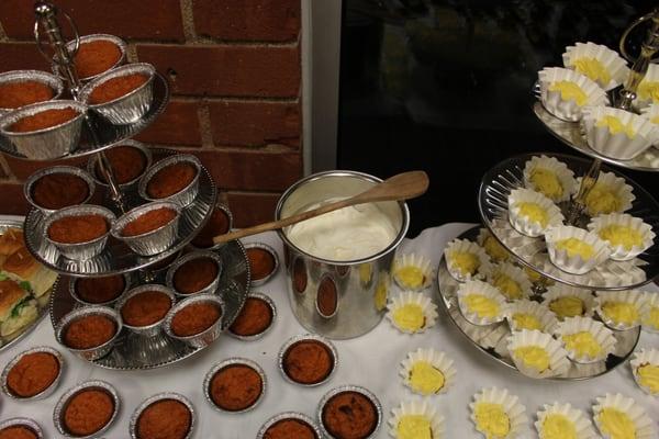 Freshly made mini sweet potato pies, whipped cream and cream cheese bites!