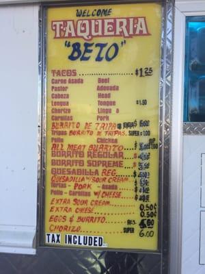 Bentos Taco Truck Menu