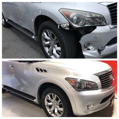 Hit a deer. Before and after, 2011 Infiniti QX56