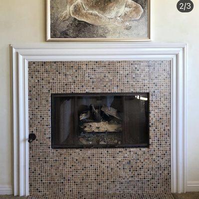 Fake mosaic tile on fireplace and hearth