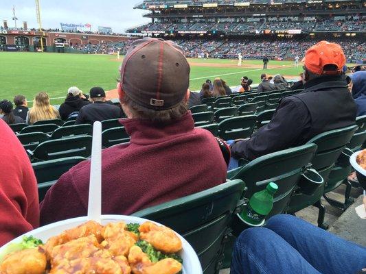 Orange chicken, rice and broccoli $10.50.