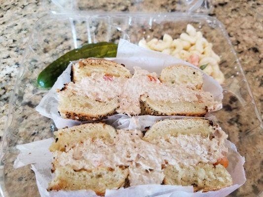 Everything bagel with Lite veggie tuna salad, side of macaroni and a pickle. Note their "everything" appears to not have the salt