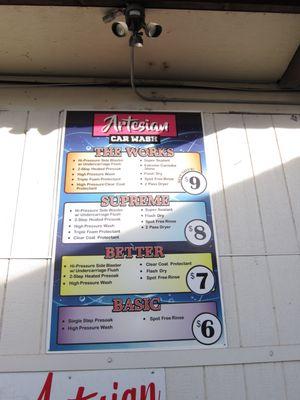 Automatic car wash price menu