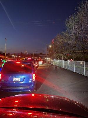 The line into the parking lot