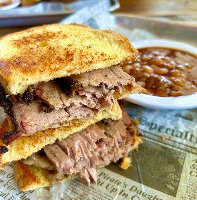 Beef Brisket Sandwich on Garlic Bread w/ BBQ Beans