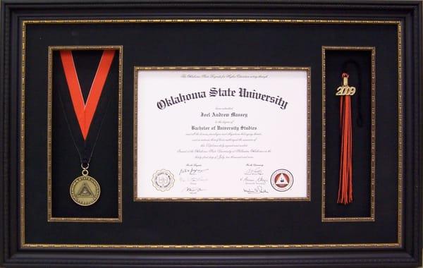 OSU Diploma with tassel and medal. Suede matting and matching fillet all using conservation grade materials.