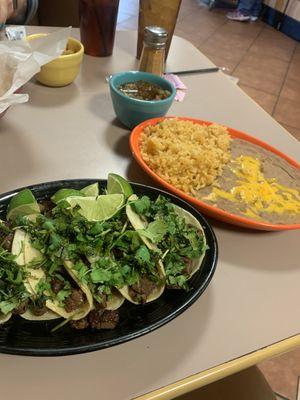 Beef fajita street tacos  I got mine without pico! Also comes with rice and beans