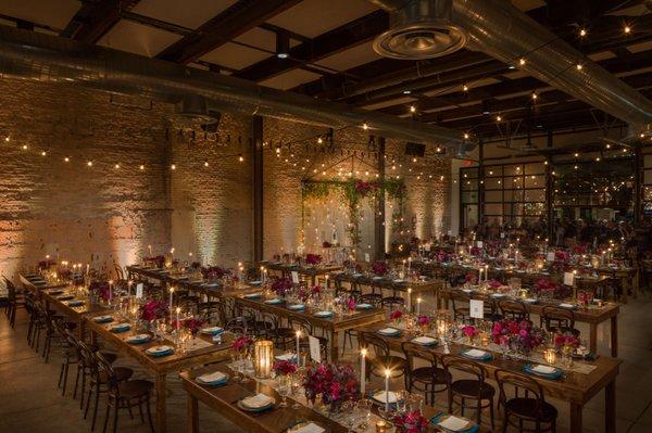 A romantic wedding reception at 800 Congress feat. our Harvest Tables & Negroni Chairs, shot by Jerry Hayes Photography.