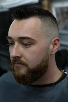 High skin fade, tapered beard trim