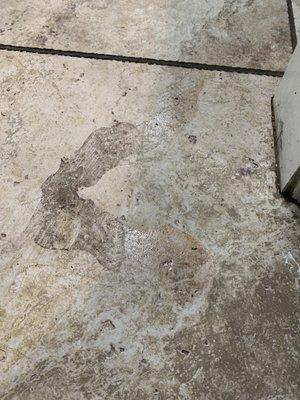 Kitchen floor not mopped , sticky residue where the trashcan was