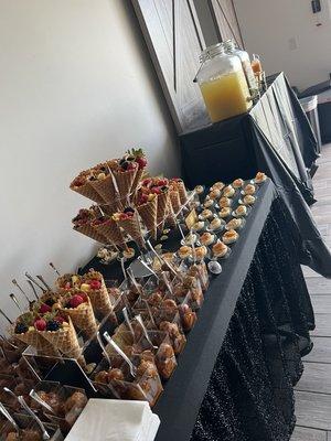 Appetizer table: Sweet Chili Meatballs, Fruit Cones and Deviled Eggs