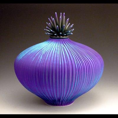 Purple Urchin, handmade, carved ceramic vessel with handmade, ceramic lid.