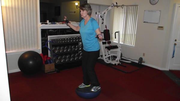 Linda, 65, Balancing on Bosu Ball. Stability is a must at DK's