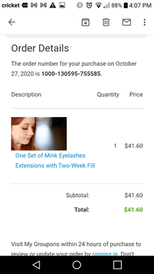 Purchased lash extensions confirmed.