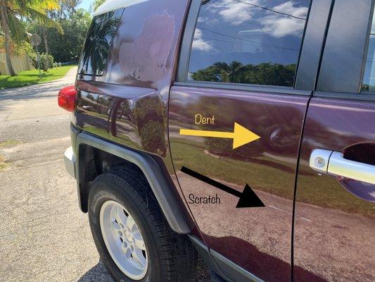 Before: Dent and deep gouge on passenger side