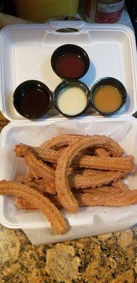 Churros with sauce (chcolate, strawberry, canela, lechera) So fresh and so good