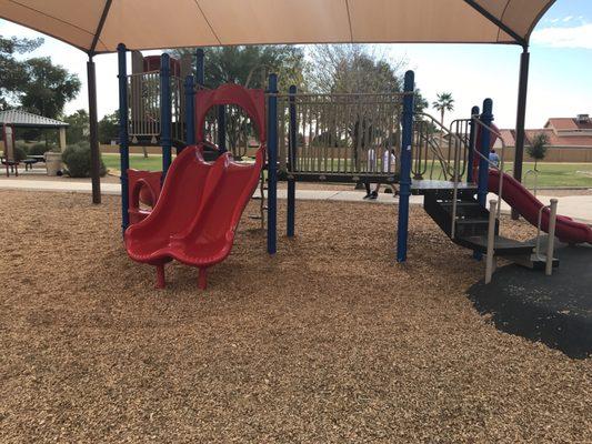 Very nice and quiet park. They have a side for big kids and a side for little kids. I took my one year old here and he had a blast!