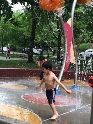 Noah and Matthew cooling off at Lyon Village Park!