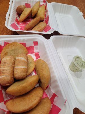 Delicious empenadas and cheese sticks. Try the cilantro mayo sauce!