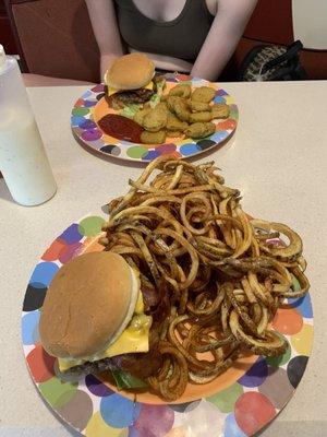 Bacon cheeseburger, fries, and fried pickles