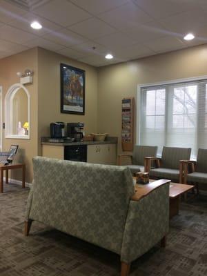 Lobby of office. Water and coffee available while waiting.