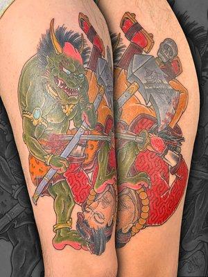 Samurai vs Oni tattoo by Ransom Backus.