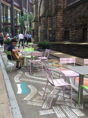 Seating with street art.