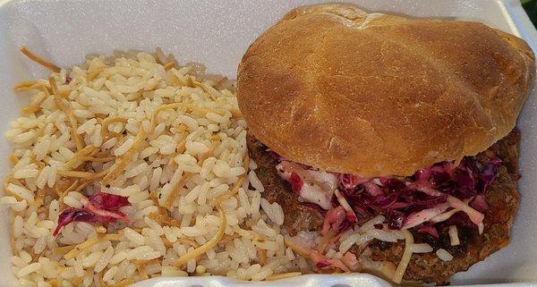 Hye Burger (beef & lamb) w/ Armenian slaw & pilaf.