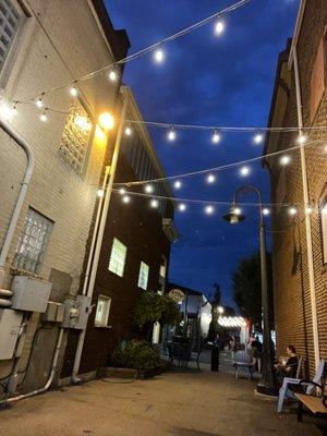 Outdoor seating between the buildings