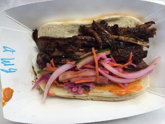 The Bent Mi Dog! Pulled Pork Teriyaki Sauce Pickled Slaw Red Curry Mayo