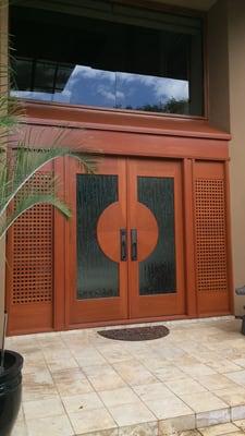 Grand entrance designed by Tamara using solid teak wood and and unique glass.