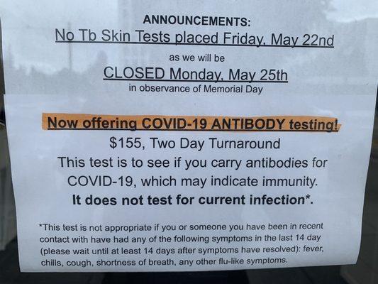 COVID-19 Antibody testing available, Closed Memorial Day