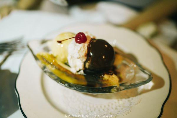 Caramelized Banana Split with Vanilla Ice Cream warm banana bread, butterscotch, chocolate sauce and toasted walnuts