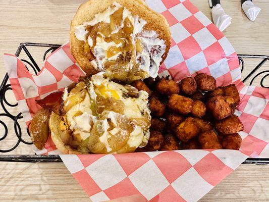 Breakfast burger with sautéed onions was delicious! These sweet potato tots might be the best I've ever had.